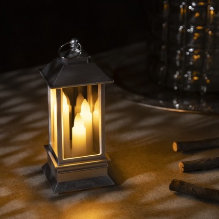 LED figure “Silver Lantern with candles” 5.5 × 13 × 5.5 cm, plastic, batteries AG13x3, glow warm white