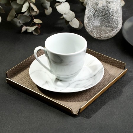 Metal tray, square eco -leather, 12 x 12 cm, brown color,-1