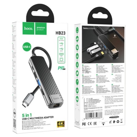 Adapter Hoco HB23, HDMI/USB3.0/USB2.0/RJ45/PD, 60 W, 3 A, cable length 13.5 cm, gray-8