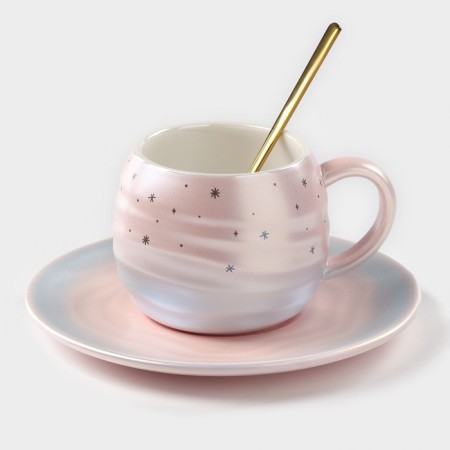 Tea couple ceramic “magic”, 3 objects: 260 ml mug, saucer d = 15.8 cm, spoon h = 14 cm, pink color