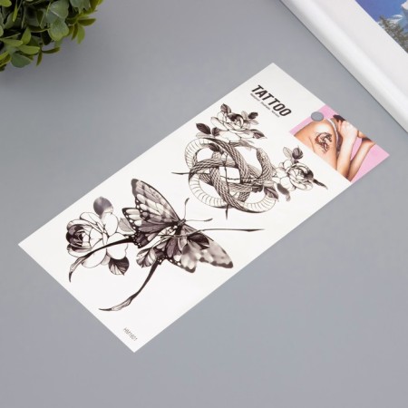 Tattoo on the body black "snake, butterfly, flowers" 10x20.5 cm-1