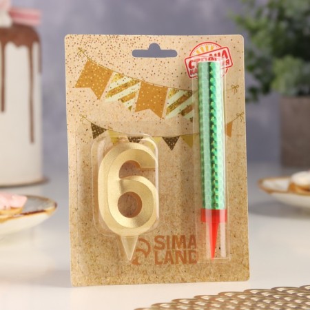 Candle for cake the number "Gran + Fountain" Golden "6"-2