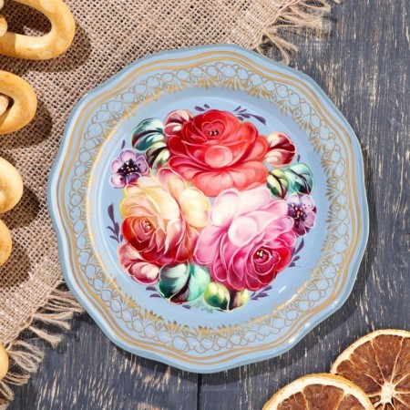 Zhostovsky tray "peonies", gray, with copyright painting, d = 17 cm