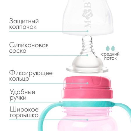 A bottle for feeding, a wide throat, 270 ml, with handles, pink/turquoise-1