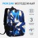 A backpack with a zipper, 3 external pockets, blue/white color
