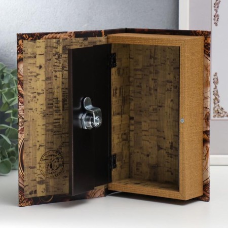 Safe-book wood, leatherette "Old cards and gold compass" 21x13x5 cm-3