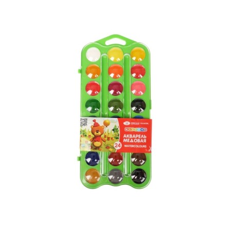 Watercolor honey 24 colors, ZHK "Flower", without a brush, a green plastic case, 27421677-1