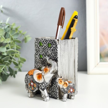 Souvenir Polystone Pencil "Elephant and Elephant in Popone with Flower" Silver 8.5x9x11.5 cm-1