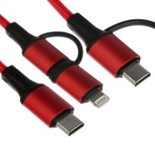 Cable 2 in 1, Type-C-Type-C/Lightning, 60 W, 3 A, braid fabric, 1 meter, red