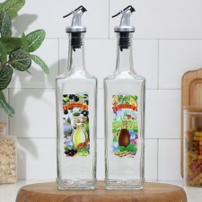A set of bottles with a plastic dispenser for oil and sauces, glass, 500 ml, 2 pcs, on a wooden stand