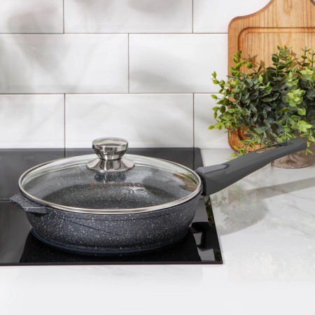 Granite pan, d = 24 cm, removable handle, anti -stick coating, glass cover, gray color.-10
