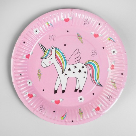 Paper “Unicorn” plate, set 6 pcs., Pink color