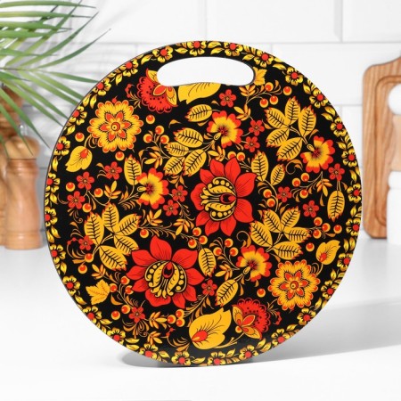 Board cutting and serving round kitchen "Khokhlomskaya painting", 25.5 cm-1