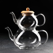 A set of glass teapots with a bamboo cover and a metal sieve, 480 ml, 1.2 l, 2 pcs