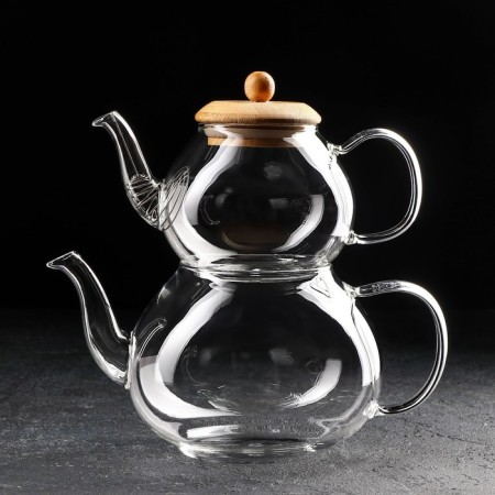 A set of glass teapots with a bamboo cover and a metal sieve, 480 ml, 1.2 l, 2 pcs