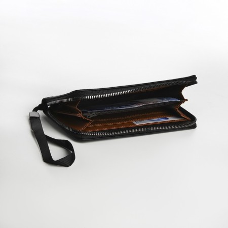 Male purse with zipper, department for bills, for maps, for coins, black color-3