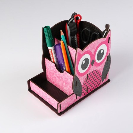 Chancellery stand wooden "owl", with a print, pink