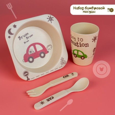 A set of bamboo dishes “Machines”, plate, bowl, glass, devices, 5 items-2