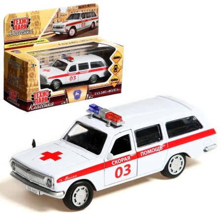 Metal GAZ-2402 Volga ambulance, 12 cm, doors and trunk open, white color