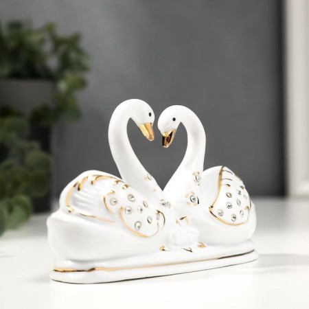 Souvenir ceramics "Two white swan in a pond" with gold, rhinestones 14 cm-1