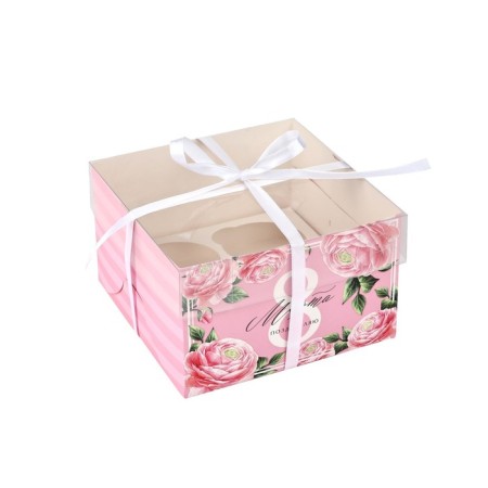 Capcake box, confectionery packaging, 4 cells “Congratulations on March 8”, 16 x 16 x 10 cm