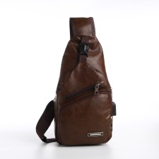 Male sling bag made of artificial leather, with USB, dark brown color