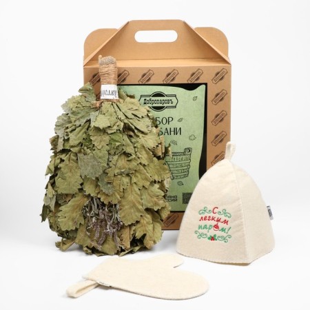 3B1 bath set (hat "With a light steam!", Oak broom with a winding with herbs, mitten)-1