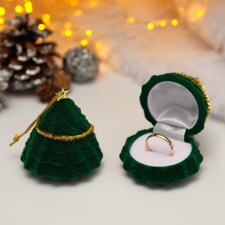 New Year! Velvet case for earrings/ring "Christmas tree", 5.9 × 6.2 × 6.2cm, color green-gold-2