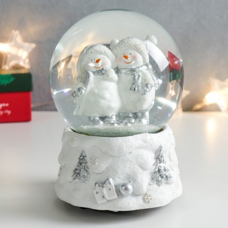Souvenir Polystone Water Ball Music "Snowmen with skates" White from silver. 11.5x11.5x14 cm