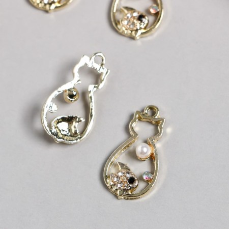 Decor for creativity metal, rhinestones "cat with a fish" gold 1.5x2.5 cm