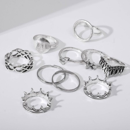 Ring set 10 pieces "Crown", size mix, color silver-1
