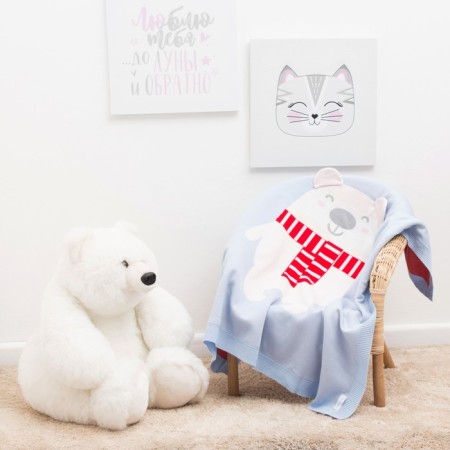 Knitted plaid crumb I am a “bear”, size 90x90 cm, blue color