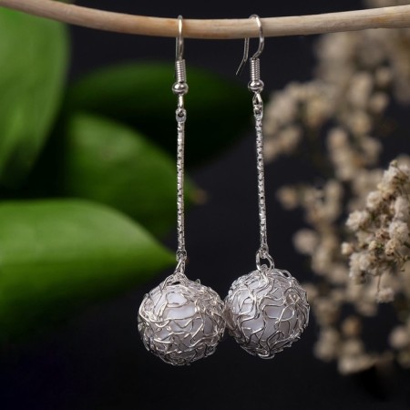 Hanging earrings “wandered ball”, white color in silver, 6.5 cm-1