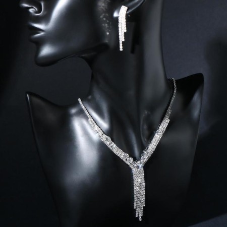 Set 2 objects: earrings, necklace "ice" crystals, white color in silver, 48cm