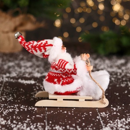 Santa Claus "In a suit with patterns and fur shoes, on a sleigh" 13 cm, red-white-1