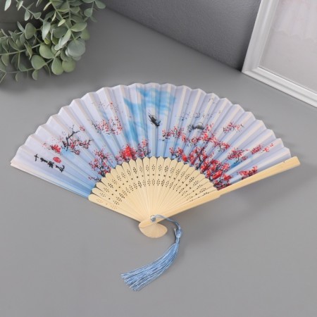 Fan Bamboo, Textile H = 21 cm "House in Sakura" Blue, with a blue brush