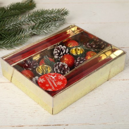New Year's candle with the candlestick "Red balls and cones" (set 4 pcs) 4x13.5x17 cm, red-1