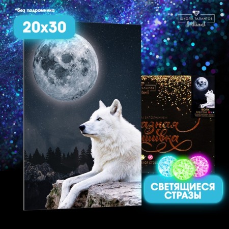 Diamond mosaic with full filling with luminous rhinestones on the canvas "Wolf", 20 x 30 cm-1