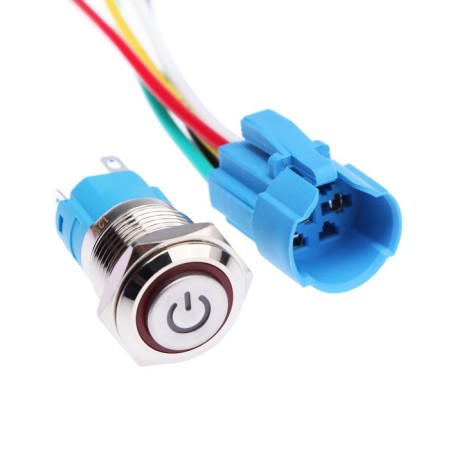 Switch, 12 V, 3 A, 5 PIN, IP67, D 16mm, wire 15 cm, red-1
