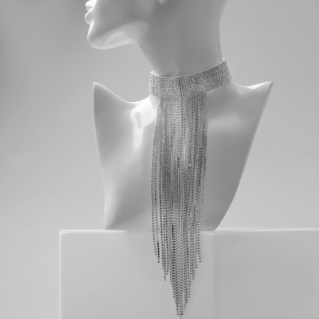 Choker "ice" thread down, white color in silver, 26.5 cm