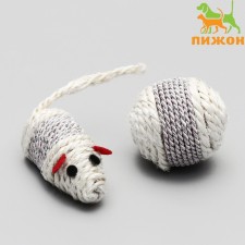 A set of twisted toys for cats: mouse 7 cm and ball 4 cm, sisal, mix of flowers