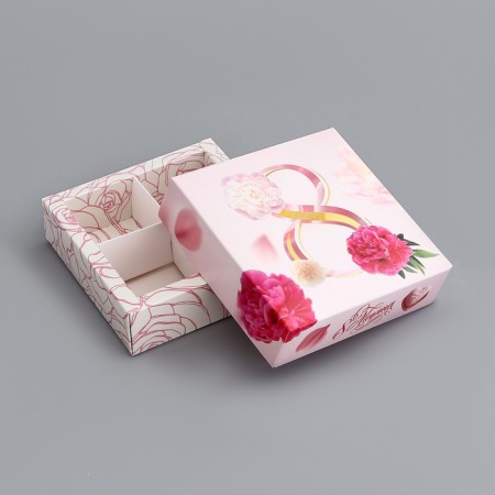 Box for sweets 4 pcs without a window "since March 8", 12.6 x 12.6 x 3.5 cm. Confectionery packaging-3