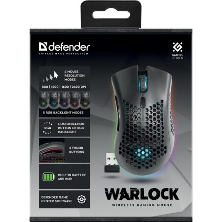 The mouse Defender Warlock GM-709L, Western, Optical, RGB, 2400 DPI, 400 mAh, 8 buttons, USB, Black-8