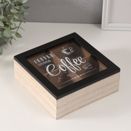 Casket wood 4 divisions "Morning begins with coffee" 18.2x18.2x7.2 cm