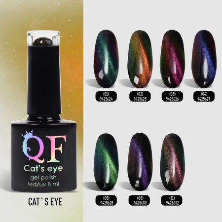 Nail gel polish, “cat`s eye”, 3 phase, 8ml, LED/UV, chameleon/gold/green color (02)-5