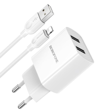 Network charger Borofone BA53A, 2XUSB, 2.1 A, Lightning cable, 1 m, white-2