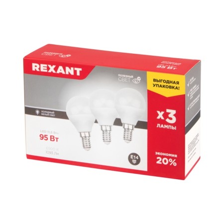 LED LED ball (GL) 11.5W E14 1093LM 6500K Cold light (3 pcs/unit) rexant-2
