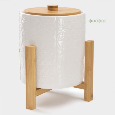 Porcelain barrel with a leaf on a wooden stand Bellatenero, 3.3 l, white color-4
