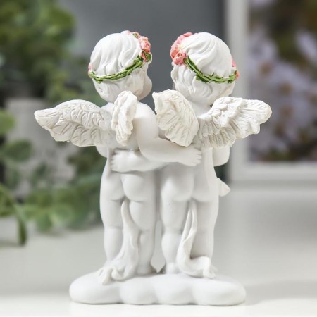 Polystone souvenir "Angels in pink wreaths with heart from roses" 10x8.5x5.5 cm-3