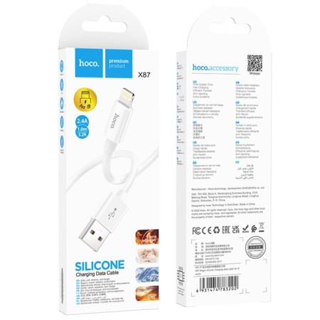 Hoco X87, Lightning cable - USB, 2.4 A, 1 m, braid silicone, white-5